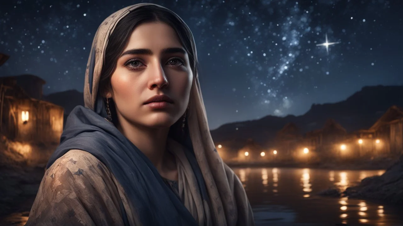 Hyper Realistic closeup-low-angle-view of a Sad-Young-Beautiful-Pashto-Woman riverside at dark-village-night with stars on sky