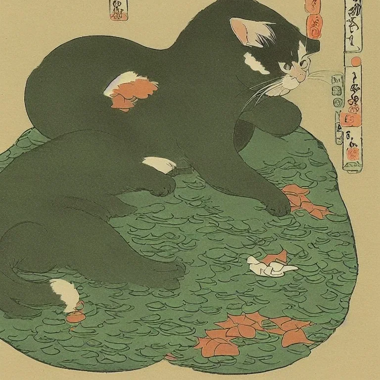 a cat swimming in duckweed ukiyo-e