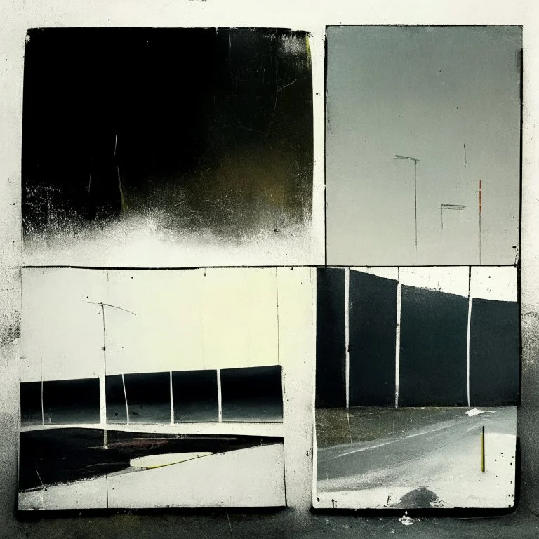 Minimal contemporary abstract oil paintings of desolate 1960s carpark with road markings and concrete fragments. Lone figure. Overlay with grungy typography graphics. style of Justin Mortimer and Francis Bacon.