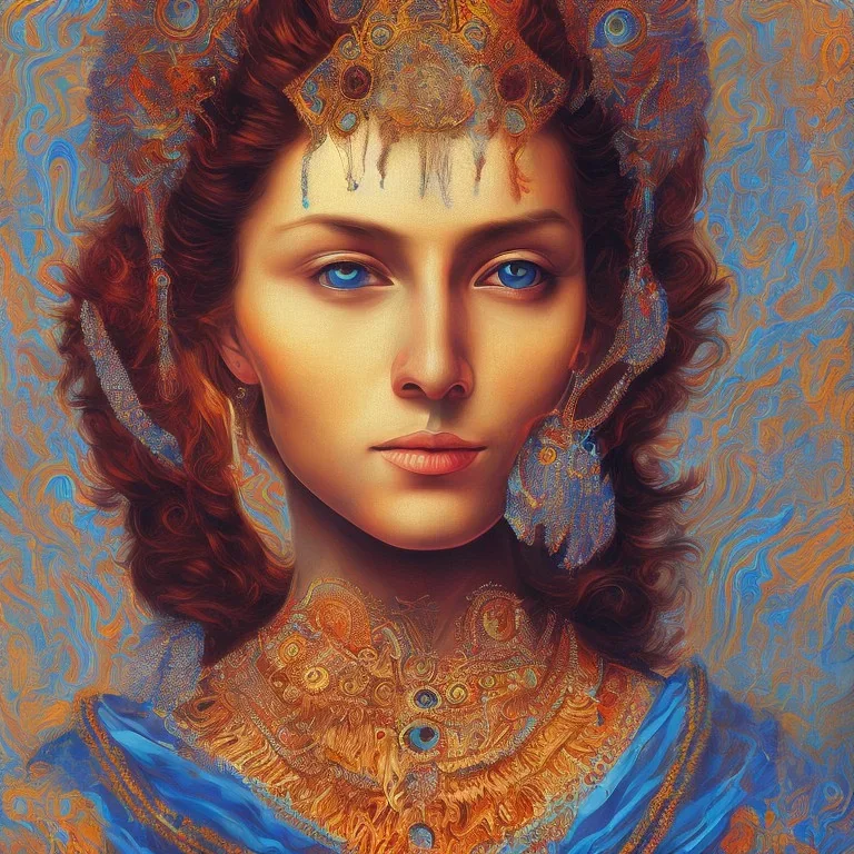 portrait femme à tête d'aigle Inde bleu psychédélique peinture à l'huile