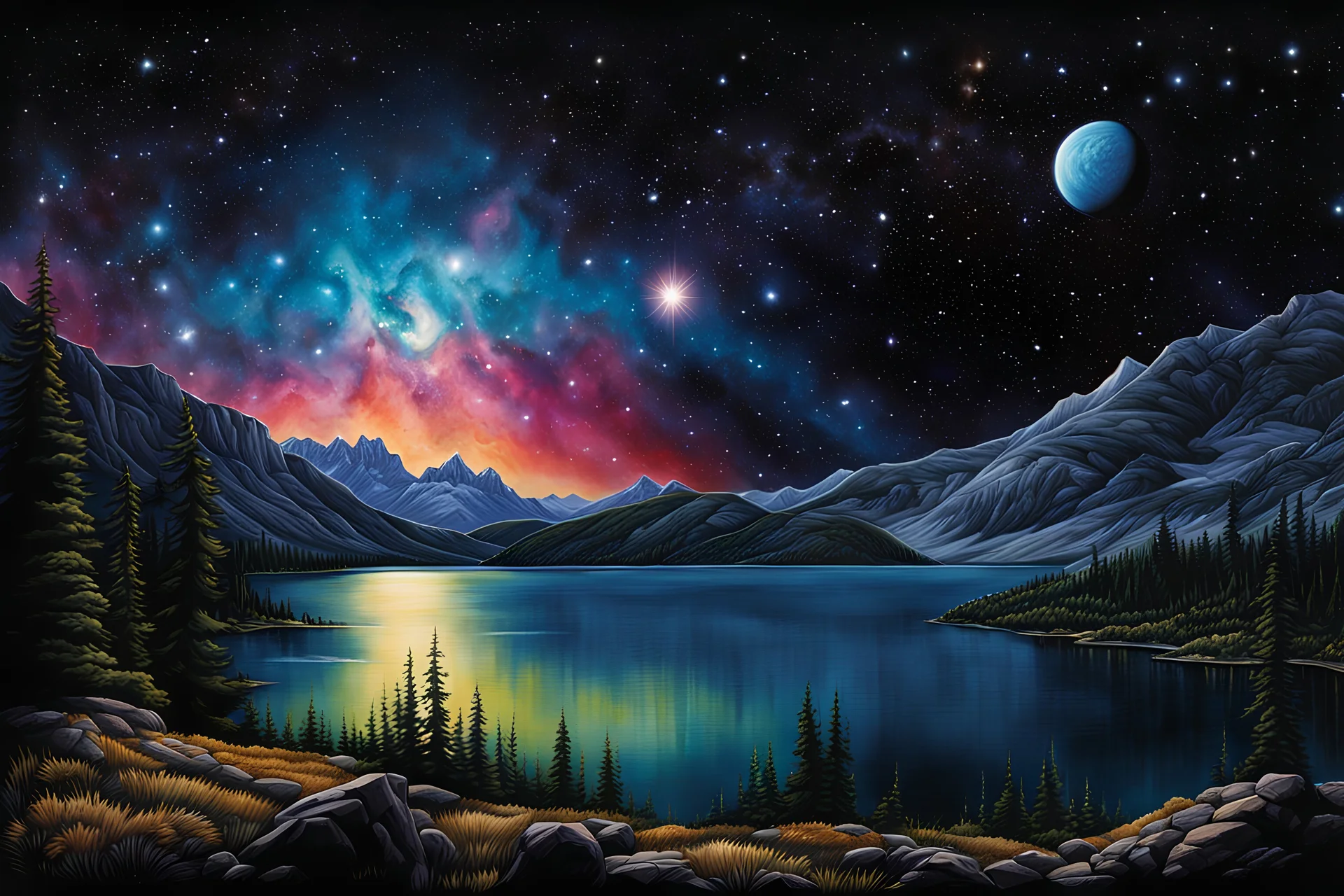 by the lake, on an alien world, within the Orion Nebula, by night :: extremely detailed, intricate, photorealistic, beautiful, high detail, high definition, pencil sketch, deep color, watercolor, award winning, crisp quality