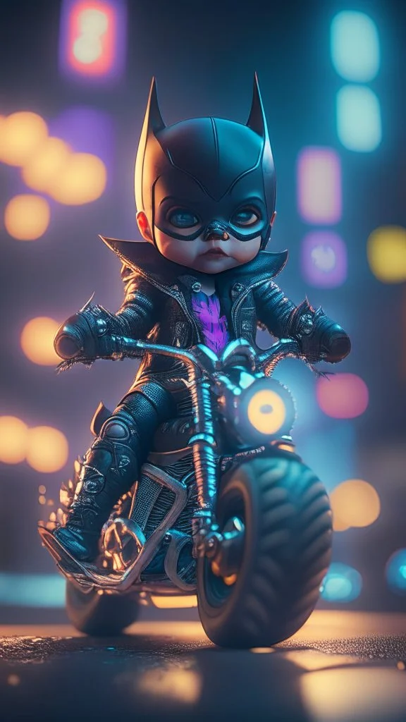 A flirty face Kawaii tiny hyper realistic baby batman riding mini harley davidson sportster modified, wearing bikers clothes with kick boxing action, night of cyberpunk city background. wide angle full body, 8k, Cinematography, photorealistic,epic composition Unreal Engine,Cinematic, Color Grading, Portrait Photography,Ultra-Wide Angle, Depth of Field, hyper detailed