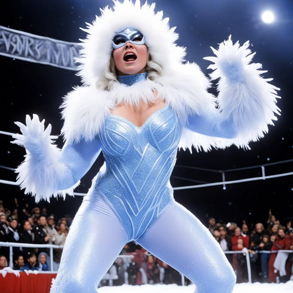[photo from The Thing (1982)] Demonstrating her growing power as Queen of Winter, La Abominable crystallizes the very air around her, challenging any luchadora to defeat her in the ring;