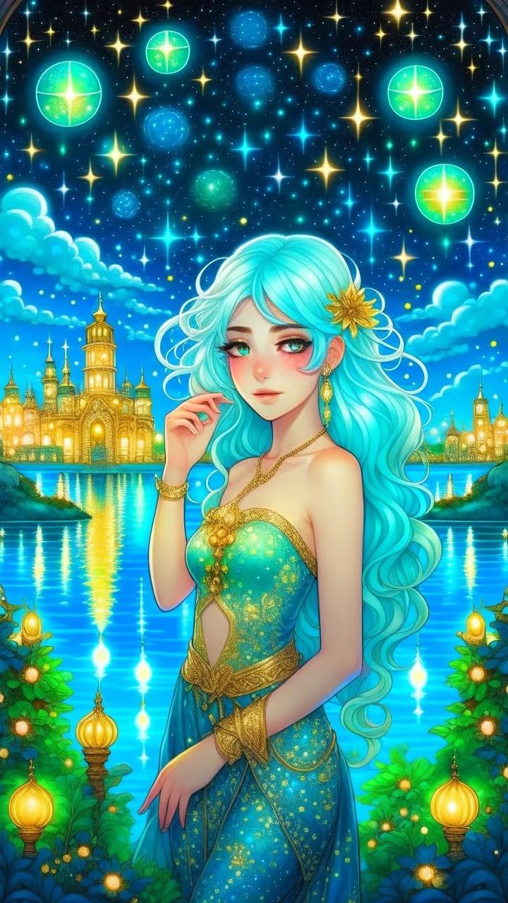 A beautiful girl with glowing starry eyes. And with turquoise hair decorated. And full body. Holds 10 glowing glass beads with a moon inside .girl void. full body Glowing golden eyes and white hair. Standing on a land of water embellished with sapphires and ornate trees. And beautiful buildings. And a sky full of star