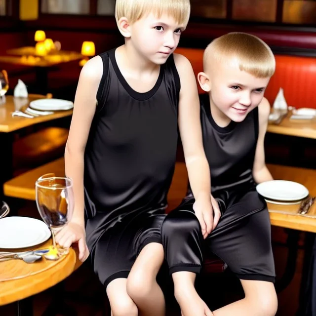 Russian tomboy boyish boylike short man's haircut boyish features in black girlish nightgown in restaurant