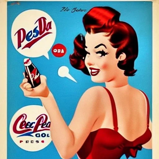 pinup girl, square shirt, red hair, beautiful, cute, red lips, close to a fuel pump. Poster Pepsi Cola. 1950