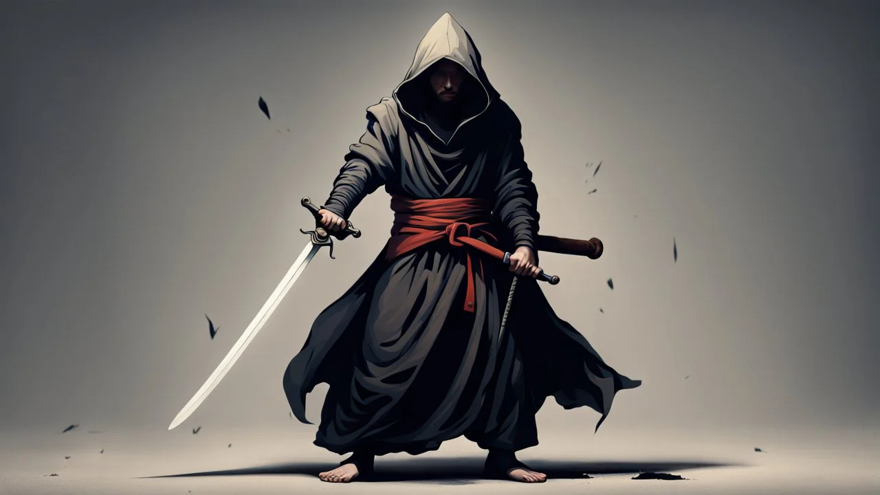 hooded monk armed with a sword