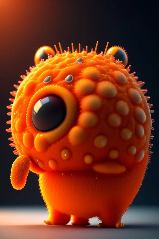 Microscope photography of a crying cute bacteria furry orange character from Planet Mercury , photorealistic, 3D, unreal engine, octane render, intricate details, Studio Professional Photography, Top Light, 35mm lens, on flat white background