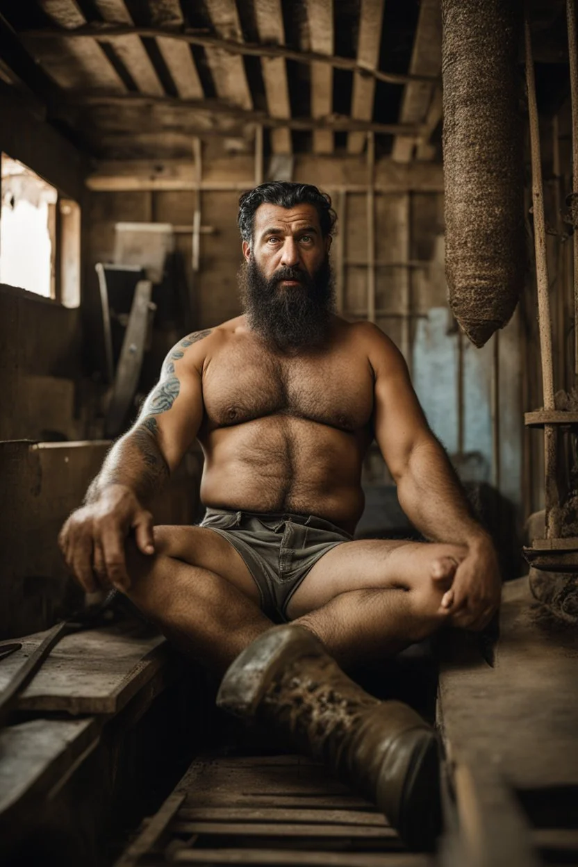 full figure shot photography of a 40-year-old turkish angry beefy tattoo very hairy sweaty worker sitting spread-legged in an old sofa inside a construction site shed, big shoulders, boots, dressed in bulging shorts,shirtless, stubble, big manly legs, hairy chest, serious eyes, midnight, dim neon lights illuminating and shine on the beards of sweat that fill his large chest, photorealistic , ambient occlusion, view angle from the ground