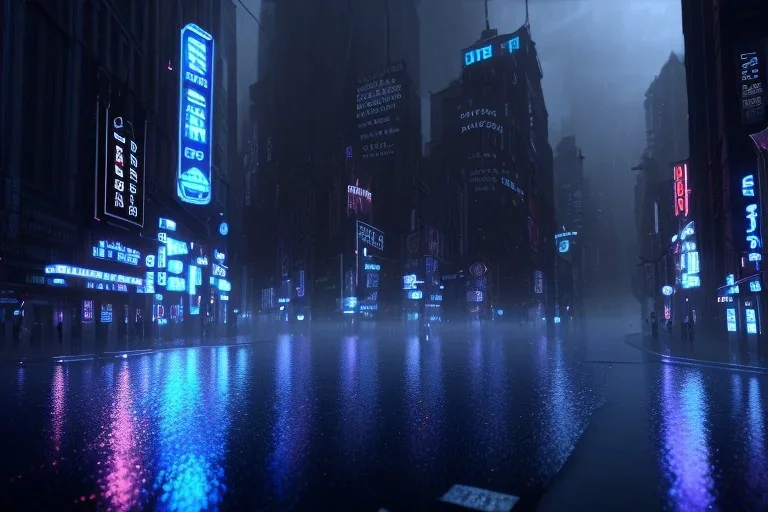 Atmospheric, night, city, dark, unsafe, rain, high level of detail, high definition, blue neon, blue lights, blender 3d