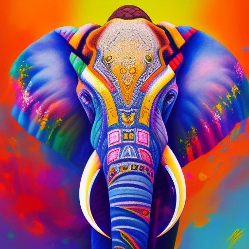 Elephant head portrait, bright colors, splash paint, centered, detail, 8k resolution