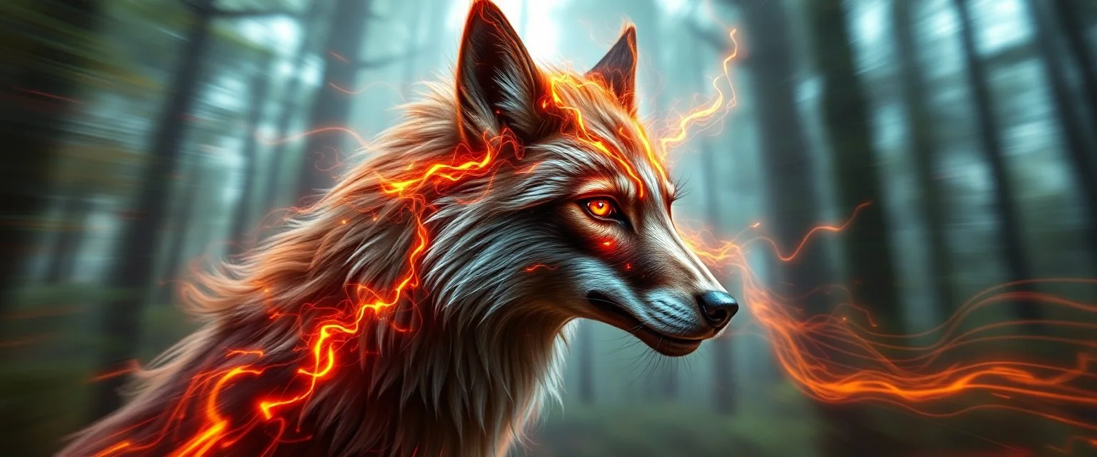 background as motion blurred forest, blink wolf close up portrait of a plasma racoon fox horse king lama shape shifter flickers like hypnotic fire in geometric shapes like a dna swirl of time and a fearsome planeswalker covered in powerful runes