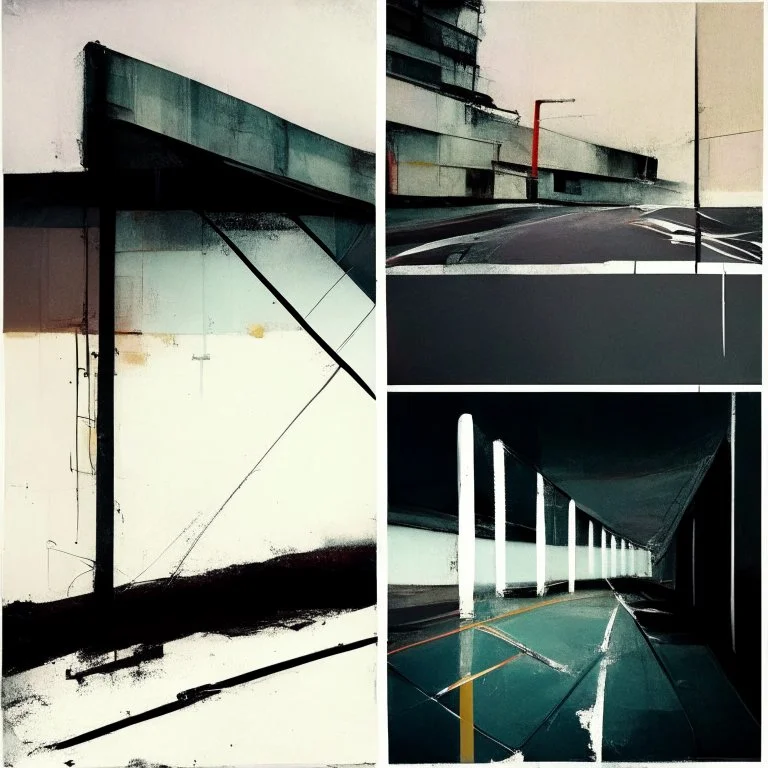 Minimal contemporary abstract oil paintings of a dirty desolate 1960s carpark with road markings and concrete fragments. style of Justin Mortimer and Francis Bacon.