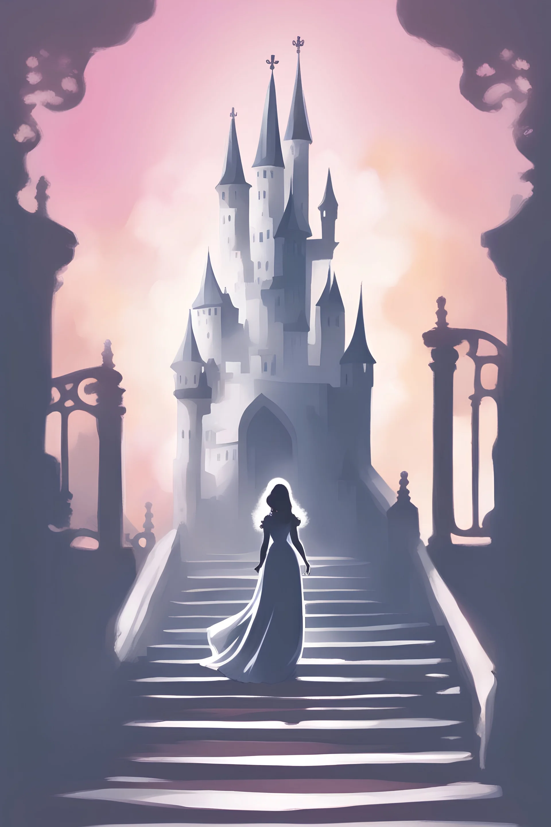 Oilpaint ,shiny,( wight gradient) (Princess silhouette) (tiara crown) (Dragging suitcases in hand) (brand identity) (Castle silhouette) (the tower) (janelas) (stairways) (halo effects) (Handwritten font) (Femininity) (Dreamy) (the detail)