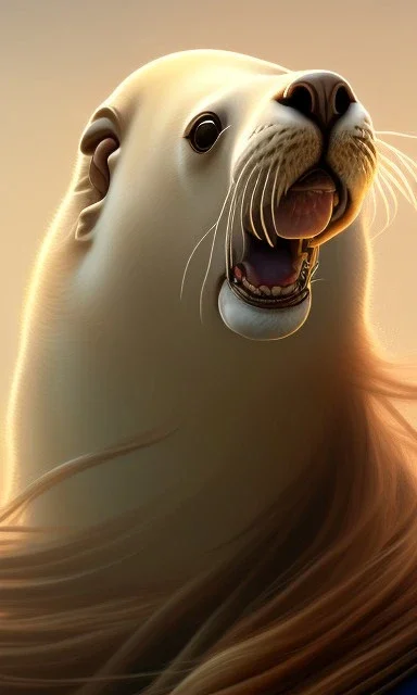 sea lion, cute, beautiful, long hair, wavy hair, black eyes, head and shoulders portrait, cinematic, 8k, resolution concept art portrait by Greg Rutkowski, Artgerm, WLOP, Alphonse Mucha dynamic lighting hyperdetailed intricately detailed