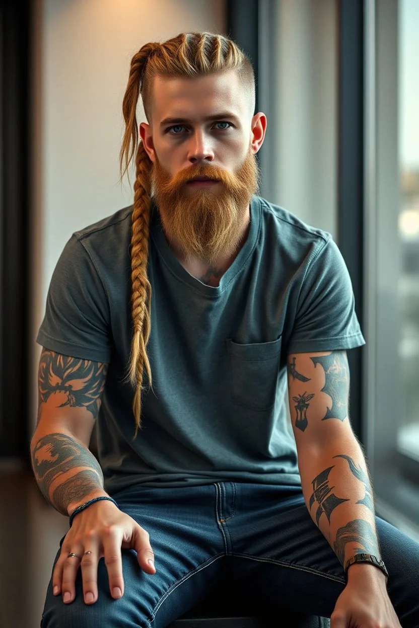 photorealistic hyperdetailed portait of 20-year-old german male, with long blonde braided and undercut hair, tribal tattoos and neatly trimmed beard wearing jeans and a tee shirt, modern fantasy, modern backdrop, sitting, hyper realistic