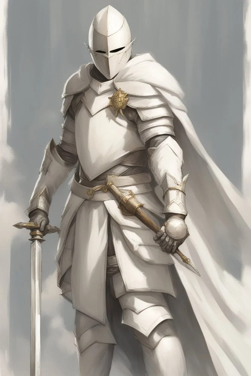 Knight wearing white armor and white cape with white mask, sword, and shield