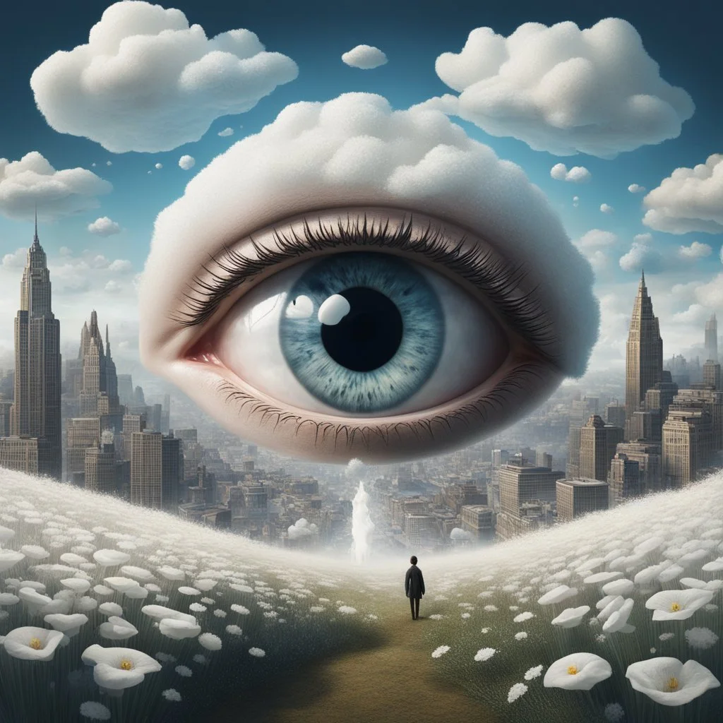 A surrealistic landscape of a dreamlike world. There's a giant eye with a tiny person standing on its iris. The eye is surrounded by clouds. In the background, there's a city with buildings that resemble teeth. The ground is covered with small, white flowers.