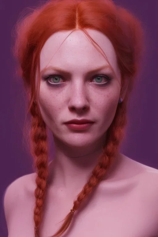 Woman 90 anni, cute, beautiful, orange hair, two braids, wild bangs, blue eyes, big eyes, freckles, long eyelashes, pink lipstick, thin lips, small nose, Gillian from Practical Magic, 8k resolution concept art portrait by Greg Rutkowski