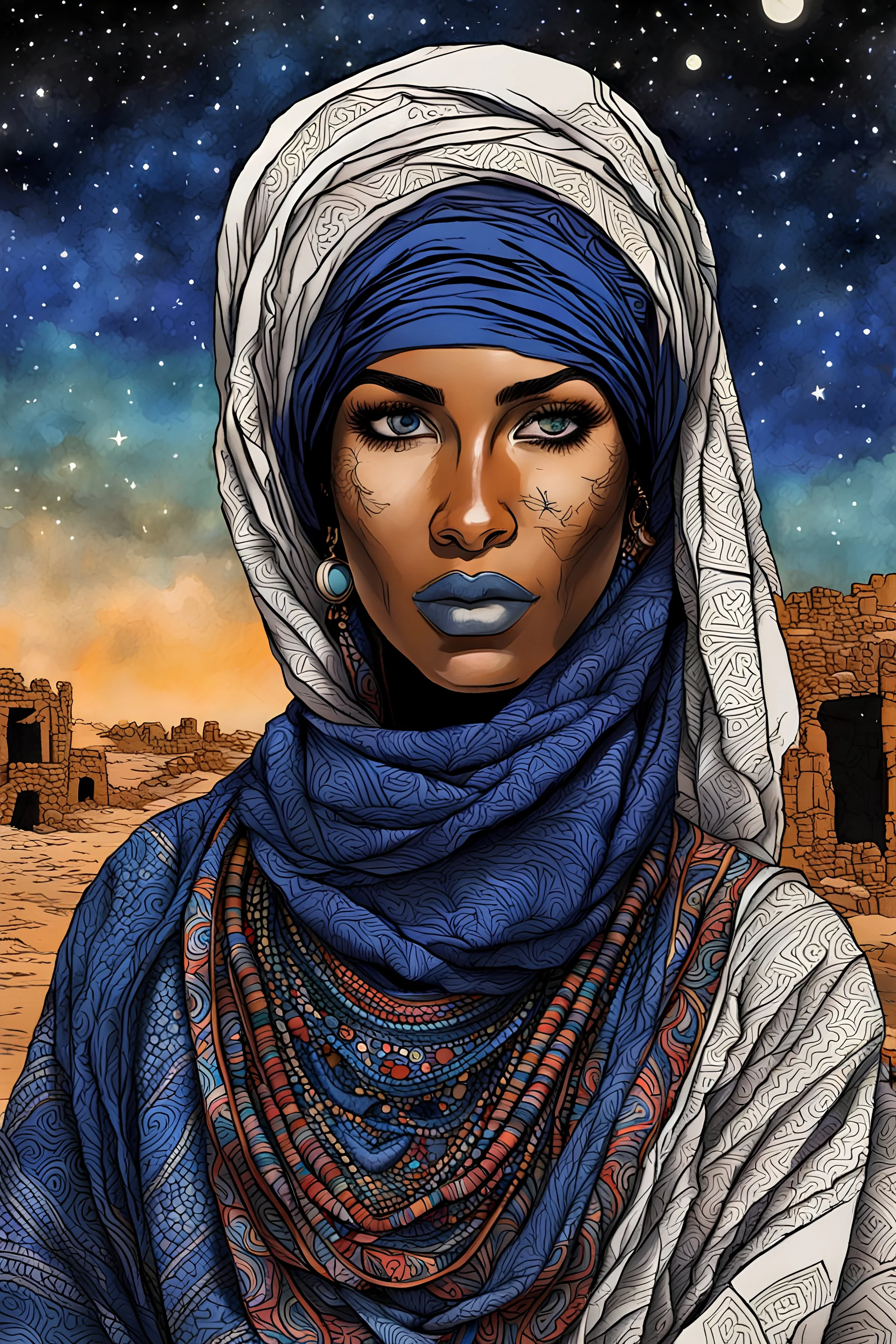 create an imaginative drawing of a Tuareg female, in traditional dress, with finely detailed facial features, in the ruins of Djado under the midnight sky, in the dynamic action style of, Burne Hogarth, finely textured, drawn, colored, and inked