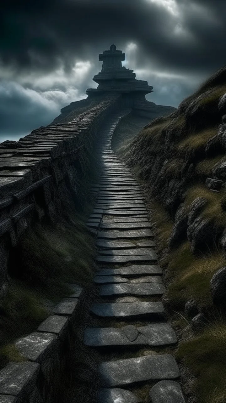 narrow stone path above the ground gradually getting higher into the clouds no railings, dangerous drop people in black leathers medievil period weather is wet spiraling into the clouds fantasy