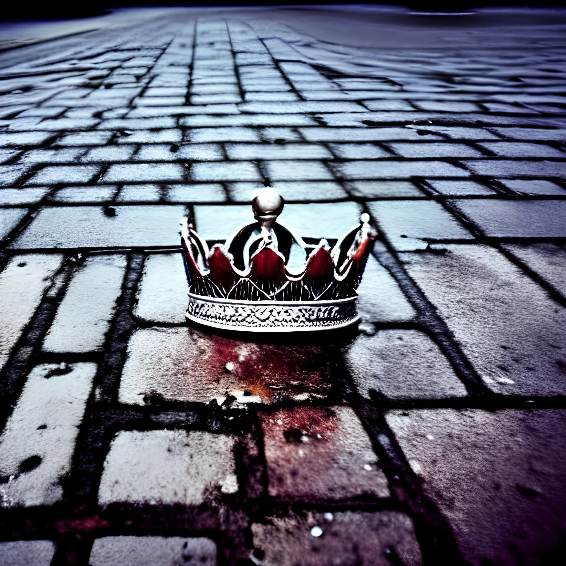color photography of a broken silver crown,intricately detailed, ornamental, realistic, on the pavement,water surface,post-apocalyptic city,, documentary