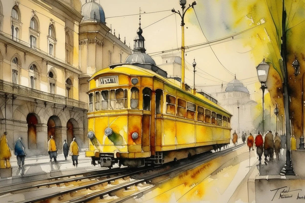 yellow tram in Budapest, style Alvaro Castagnet, Anton Pieck highly detailed elegant very attractive beautiful dynamic lighting watercolor aquarelle Thomas Wells Schaller