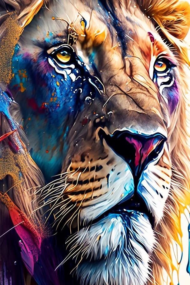 "lion", clean design, epic Instagram, art station, splash of colorful paint, contour, ((solid white background)), closeup, looking into camera, hyperdetailed intricately detailed, unreal engine, fantastical, cinema lighting, intricate detail, splash screen, complementary colors, fantasy concept art, 8k resolution, DeviantArt masterpiece, watercolor, paint dripping