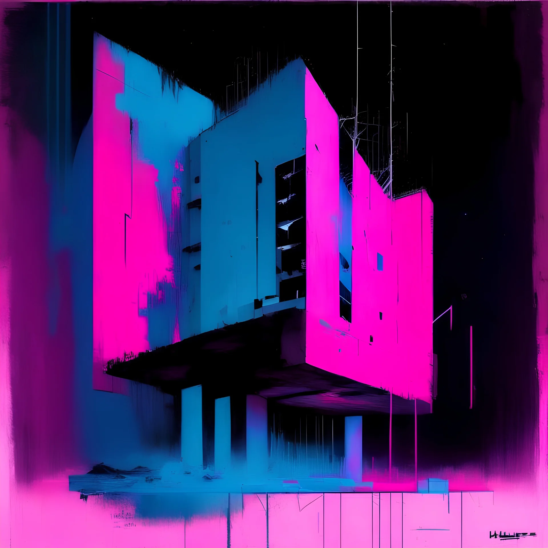 Minimal abstract oil painting of bright pink and blue. with random words. Brutalist architecture Line sketches. illuminated at night. In the style of Justin Mortimer and Phil Hale and Ashley Wood