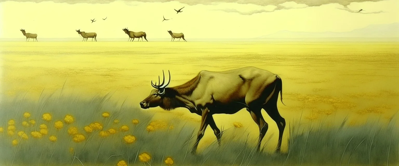 dynamic composition of an Elk off-center in a prairie field, canola plants hinted in corners of foreground, wildlife illustration, Robert Bateman