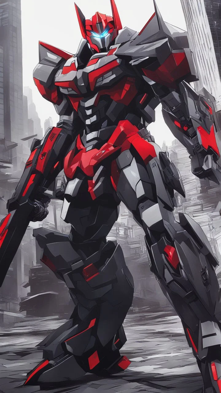 A close picture to Mix between transformers and batman in solo leveling shadow art style with red details detailsis in fantasy world