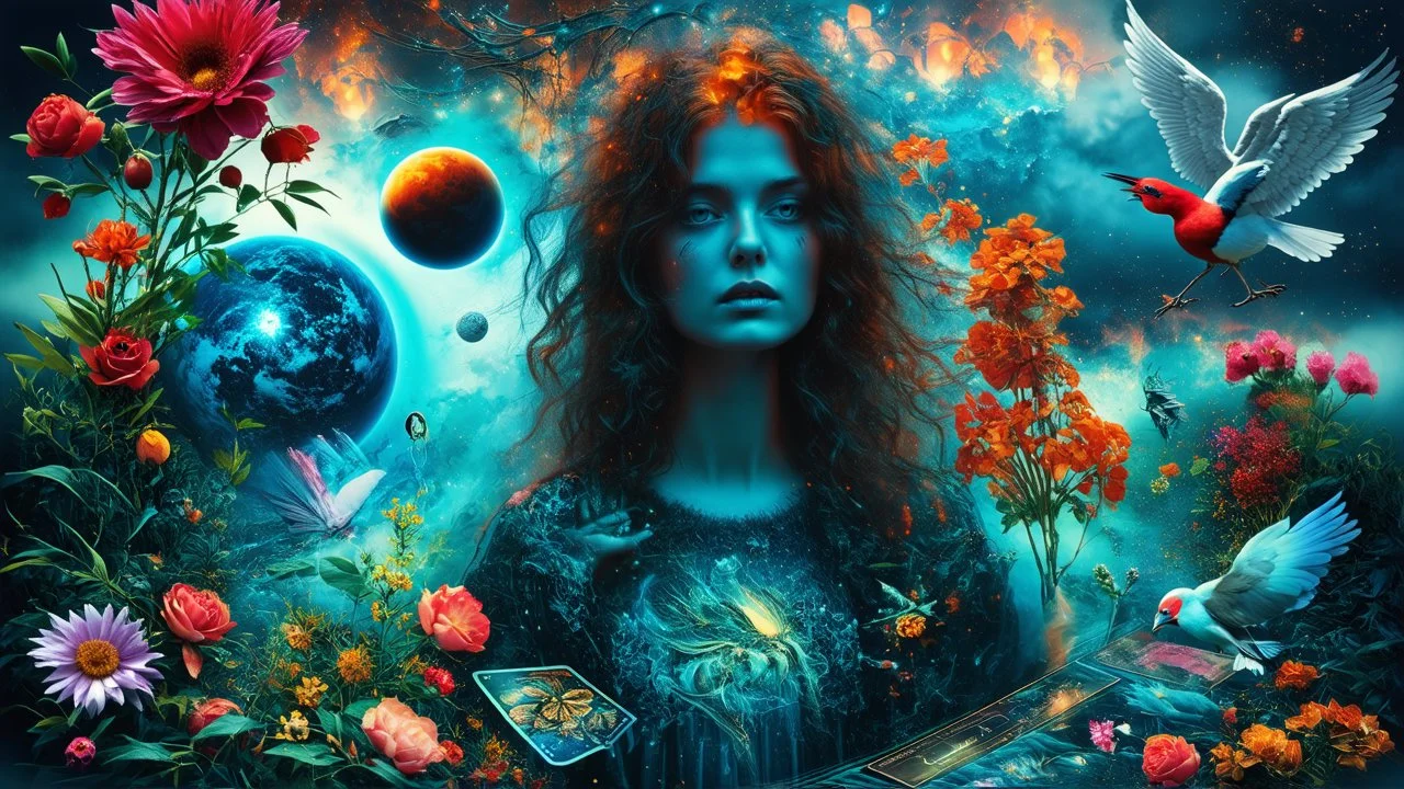 Digital collage of various images and elements such as flowers, shadows, planets, fog, woman, abstract symbols, haze, plants, tarot cards, birds, angels, eyes, strange things. The collage consists of beautiful shapes and layers. Deep, colors, surreal mood. The images and elements are related to the themes of surrealism, beauty, fantasy