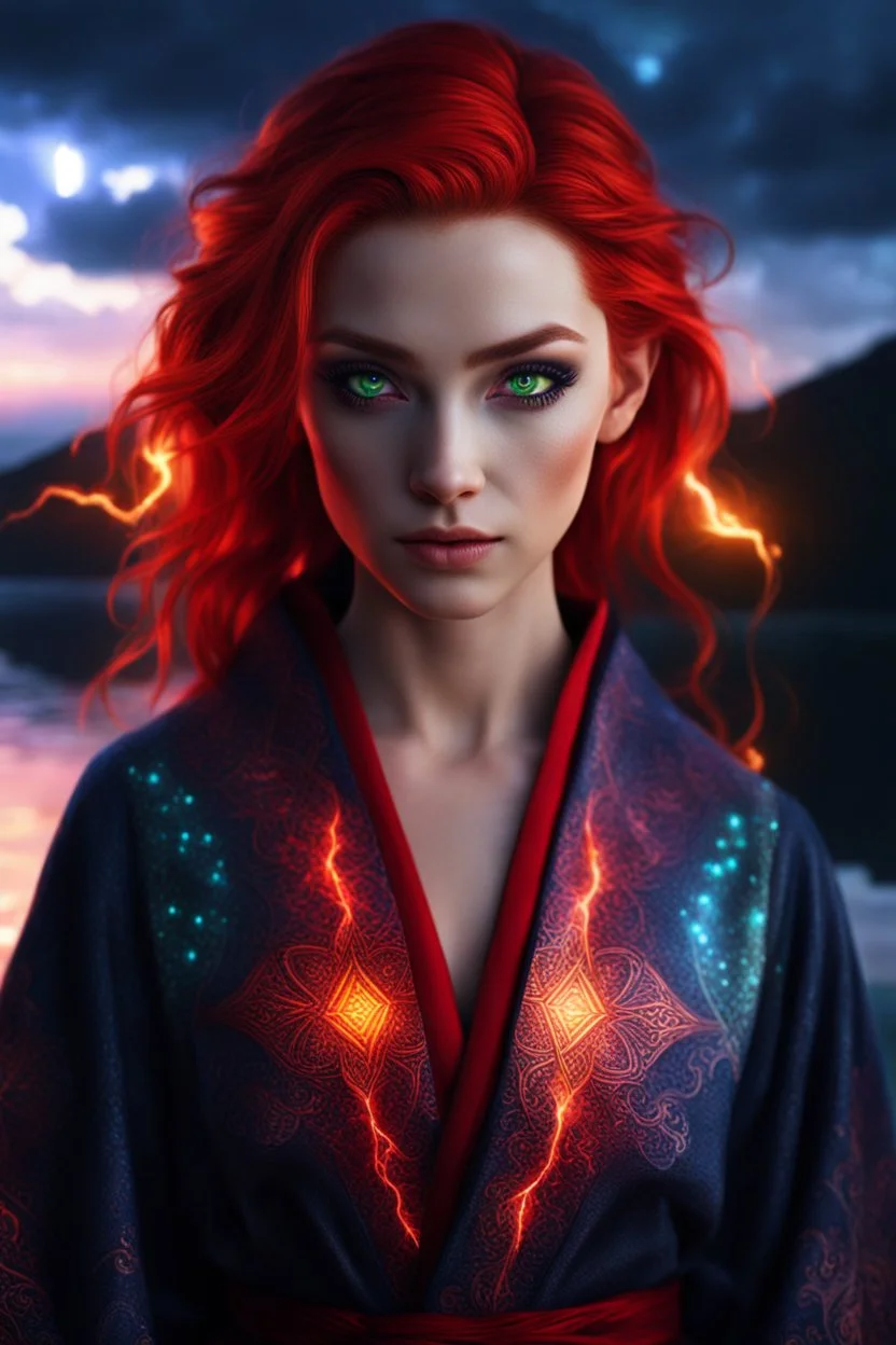 detailed eyes, female half elf, red sleek lob hairstyle, detailed glowing ornamental magical pattern robe, glowing gem crackling with lightning implanted on robe, 8k, high detail, lake background, midnight, facing viewer, front facing