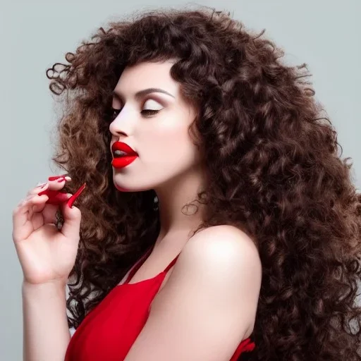 Beautiful portrait female, long brown curly hair, barrel roll curls, looking down and to the side, full red lips, hand up like blowing a kiss, side profile