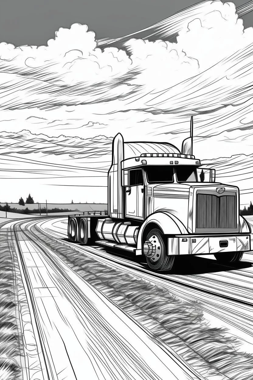 Outline art, no shading, truck on the road, black and white, no shading, ow detail, --ar 9:11