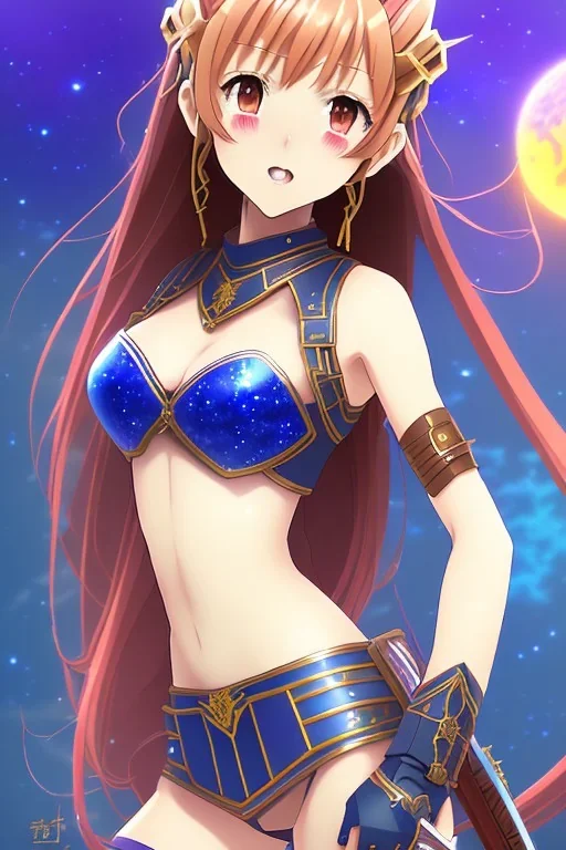 In the style of Kodomo Anime, concept illustration, super-detailed, beautiful teen female who is 16 years old with long ginger hair and freckles, full lips, full body, full face, b-cup breasts, athletic, centred camera, ignore NSFW, skimpy brown fantasy leather armor, halter top, micro thong, knee-high leather boots, open leather skirt, stern expression, cute pose with hands behind butt