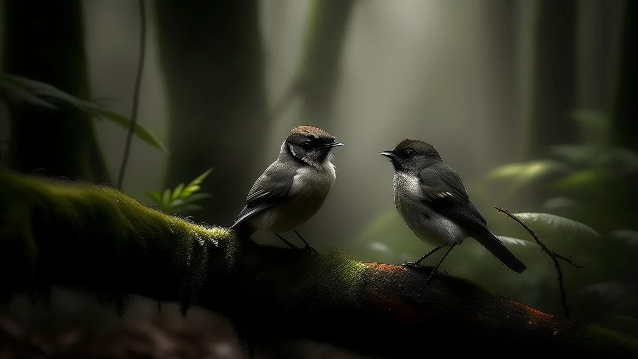 Detail of two small birds with light breasts and dark caps on branches in a misty wooded environment.