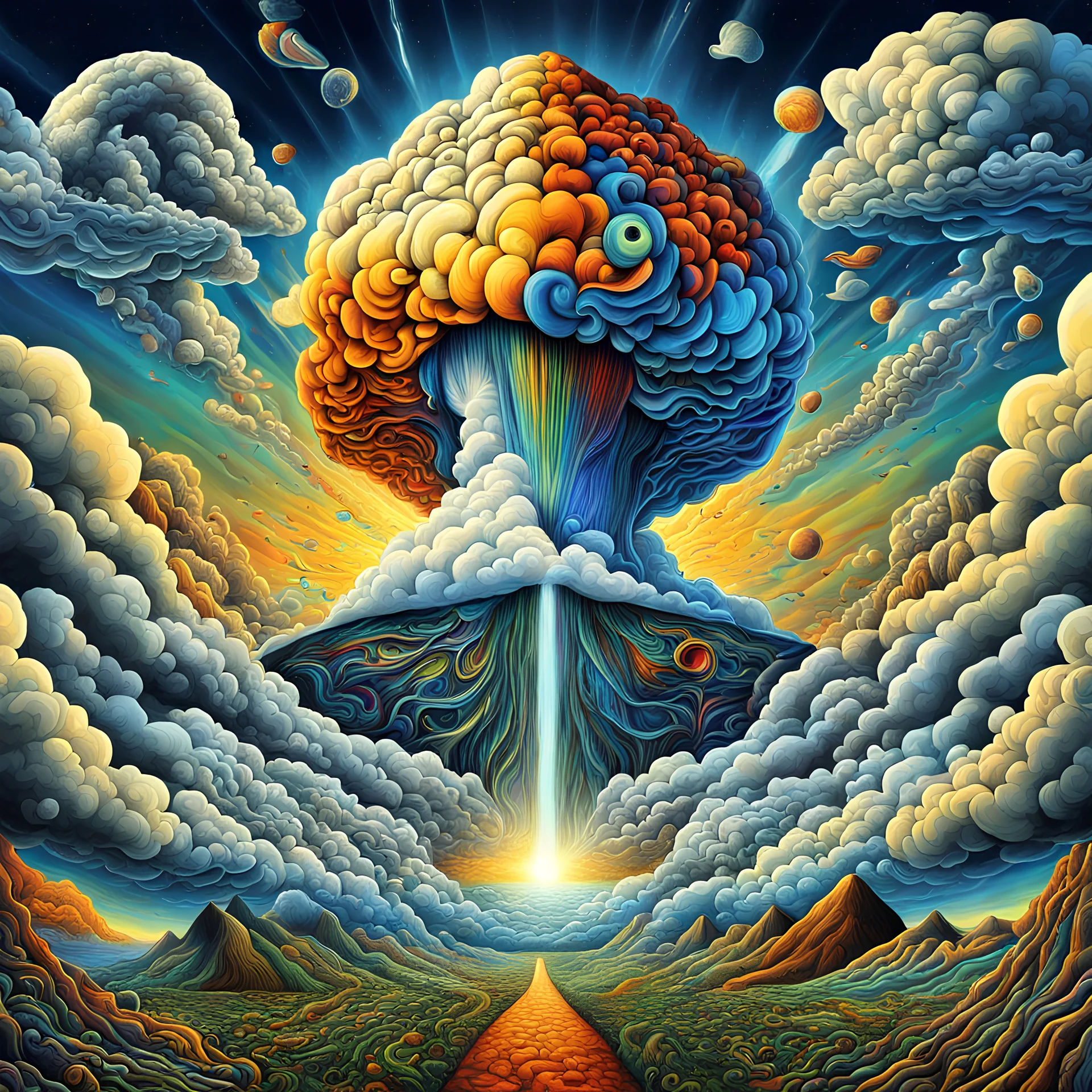 And If The Cloud Bursts Thunder In Your Ear || A Surreal Tribute To Pink Floyd, psychedelic, hyperdetailed, maximalist, vibrant colors, HDR, in the style of Jason Barnett and Patrick Woodroffe and Emek