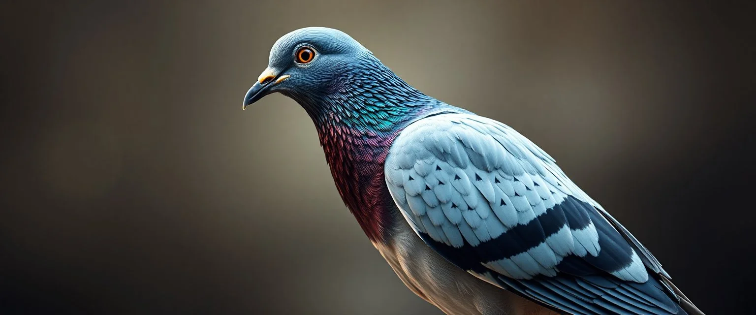 big ass pigeon portrait, with background in the style of escher and giger, a chill contrapunctus fugue in the style of fsol, beethoven, goa trance breaks, dancefloor drum and bass,