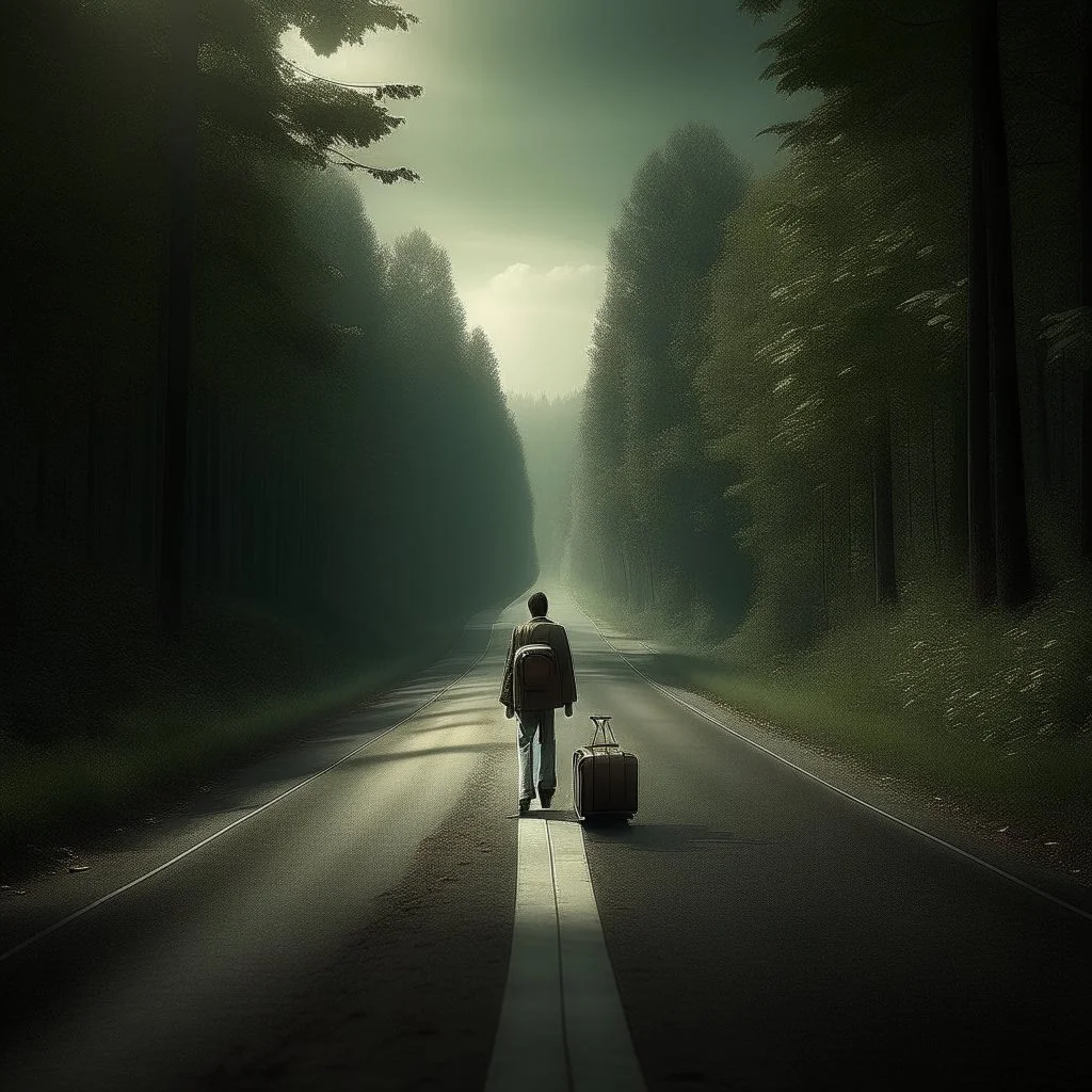 a lonely figure with a suitcase, leaving a metropole, on a road, into a forest, photo quality