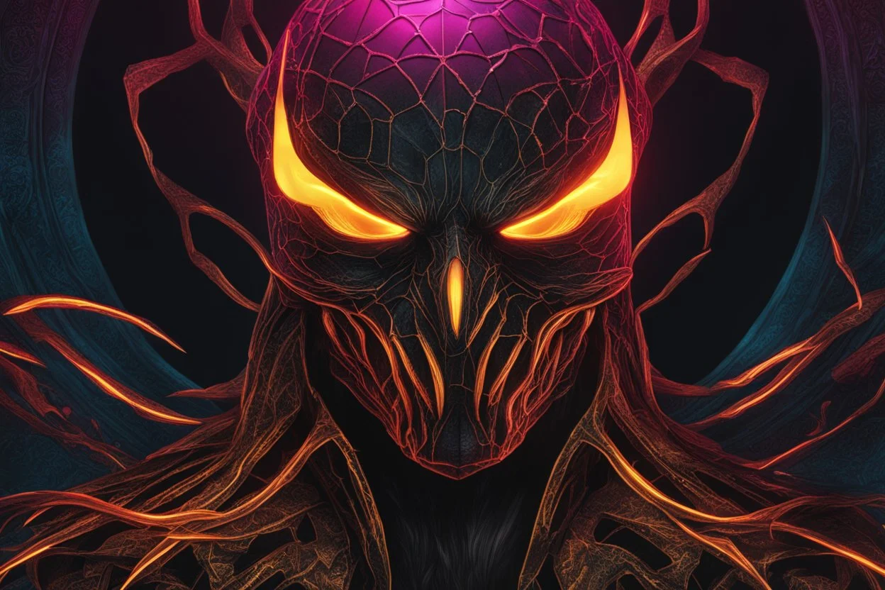 grendel in 8k comic book artstyle , spider model, neon effect, magic circle, full body, apocalypse, cover eyes, intricate details, highly detailed, high details, detailed portrait, masterpiece,ultra detailed, ultra quality