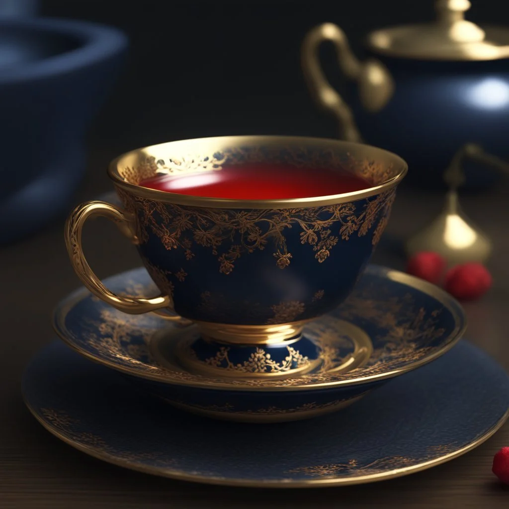 A midnight blue teacup with a gold rim and small red florets on a plate. Illustrative art, art interpretation, concept art, cgsociety contest winner, seasonal art, seasonal art HD, 4k, 8k, intricate, detailed, intricately detailed, luminous, translucent fantasy crystal, holographic data, soft body, shadow play, light, fog, atmospheric, cinematic, light film, hyper-detailed, hyper-realistic, masterpiece, atmospheric, high resolution, 8k, HDR, 500px, mysterious and artistic digital art, phototic,