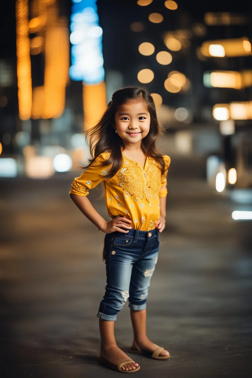 Little 6 years old beautiful girl perfect face,1girl wearing a pretty shirt and jean pant, standing pose,modern city ,night view