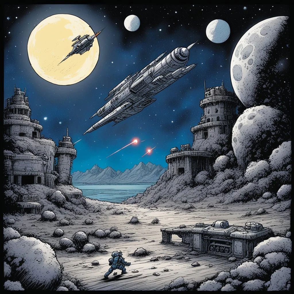 [art by Kevin Eastman and Peter Laird] Lunar Space Battle
