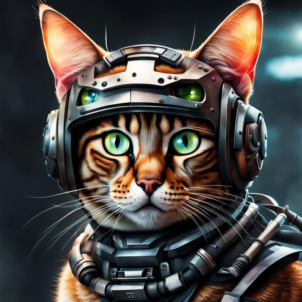 Gato cyborg, calidad ultra, hiperdetallado, hiperrealista, acuarela, 8k