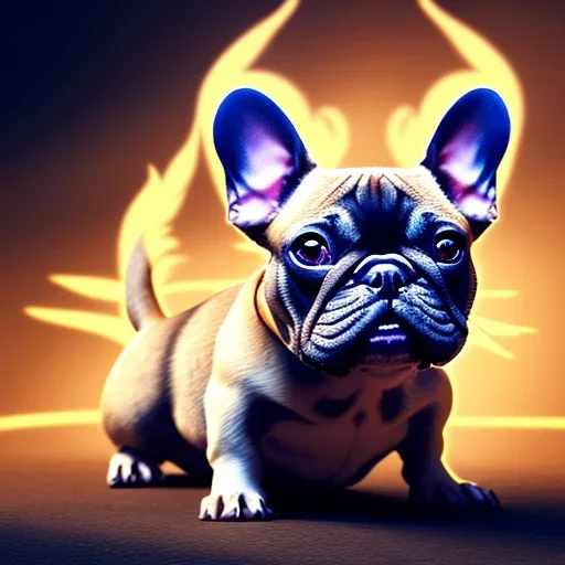 french bulldog from the future a detailed illustration of a french bulldog, phoenix bird wallpaper, luminescent body, full body, symmetrical body, realistic, glowing muscles, sharp focus, meticulously detailed, soft evening sky, 64k