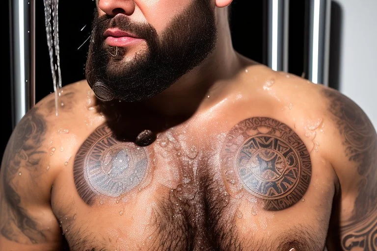 fullbody photography of two serious wet dirty muscular chubby sweaty 37 years old strong gypsy carpenters under open shower, kissing embraced , big bulge, manly chest, tattoo, dreadlocks, photorealistic, 32k, misery, poverty, angry eyes, low dim lights, profile view