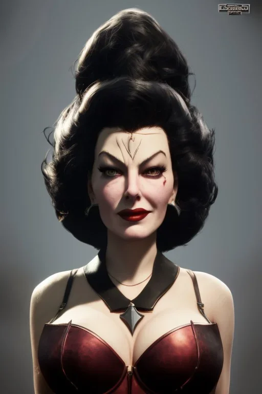 Ava Gardner as evil queen in black leather, busty, cleavage, curvy, angry, stern look. character design by cory loftis, fenghua zhong, ryohei hase, ismail inceoglu and ruan jia. unreal engine 5, artistic lighting, highly detailed, photorealistic, fantasy