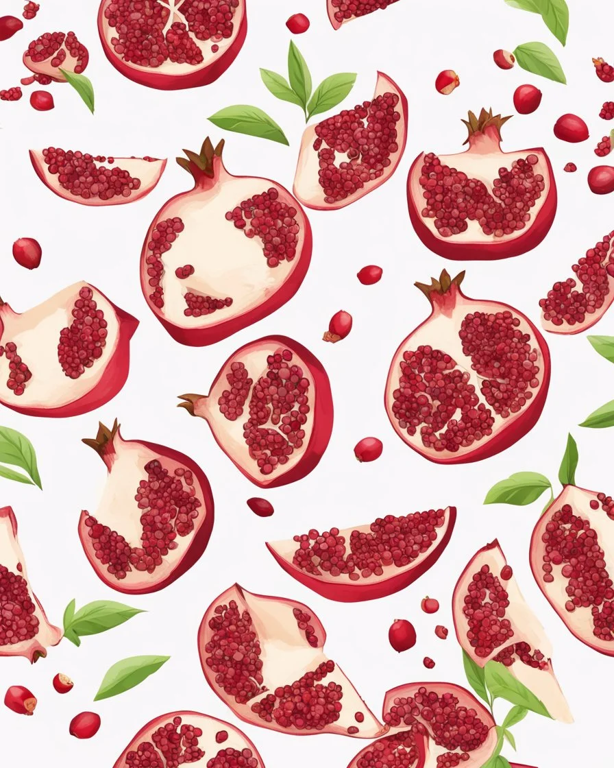 The pomegranade cores are scattered on a white background