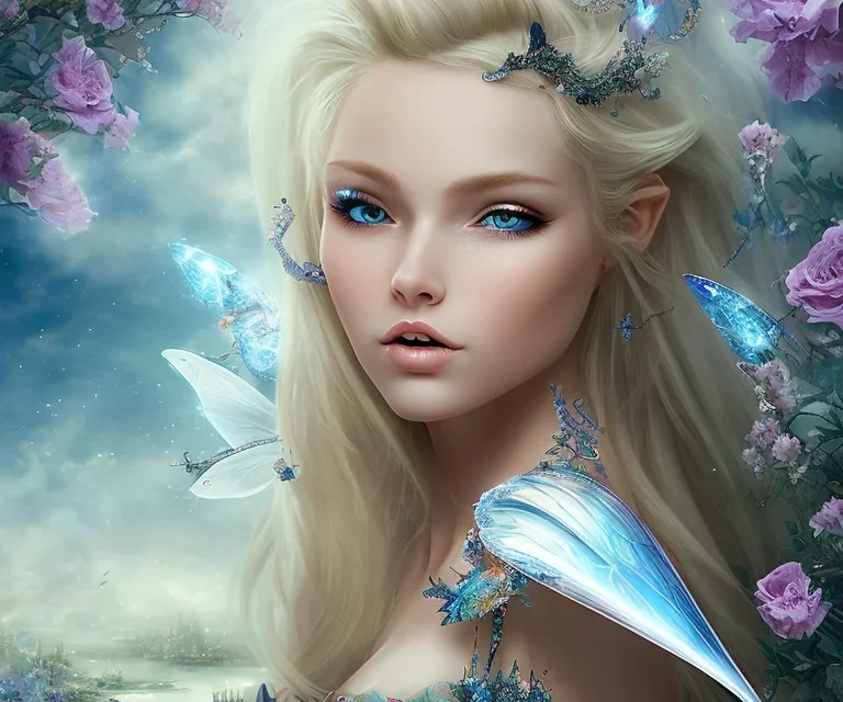 mondo fantasy con una splendida fatina dal volto bellissimo,con occhi blu e capelli biondi con le ali cristallo che vola in un campo di fiori luminosi